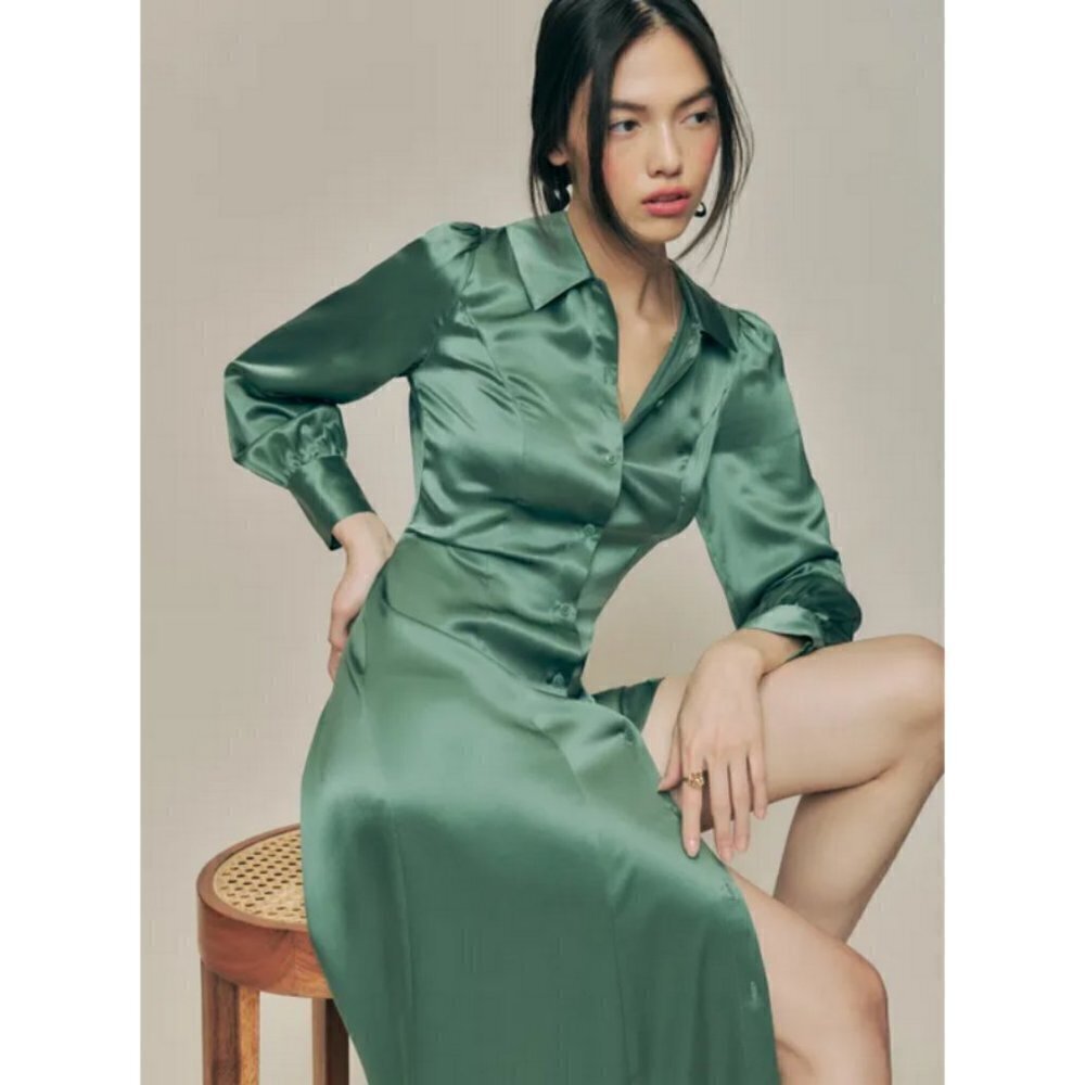 💕REFORMATION💕 Catalina Silk Dress ~ Bottle Green 8 NWT